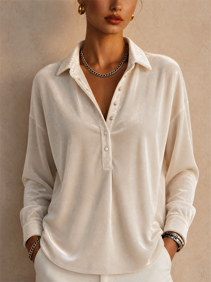 Womens Velvet Collared Long Sleeve Relaxed Blouse