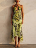 Women Leopard Print Halter Backless Cutout Asymmetric Midi Dress