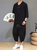 Men's 2Pcs Retro Chinese Style Casual Solid Color 3/4 Sleeve V Neck Outfits
