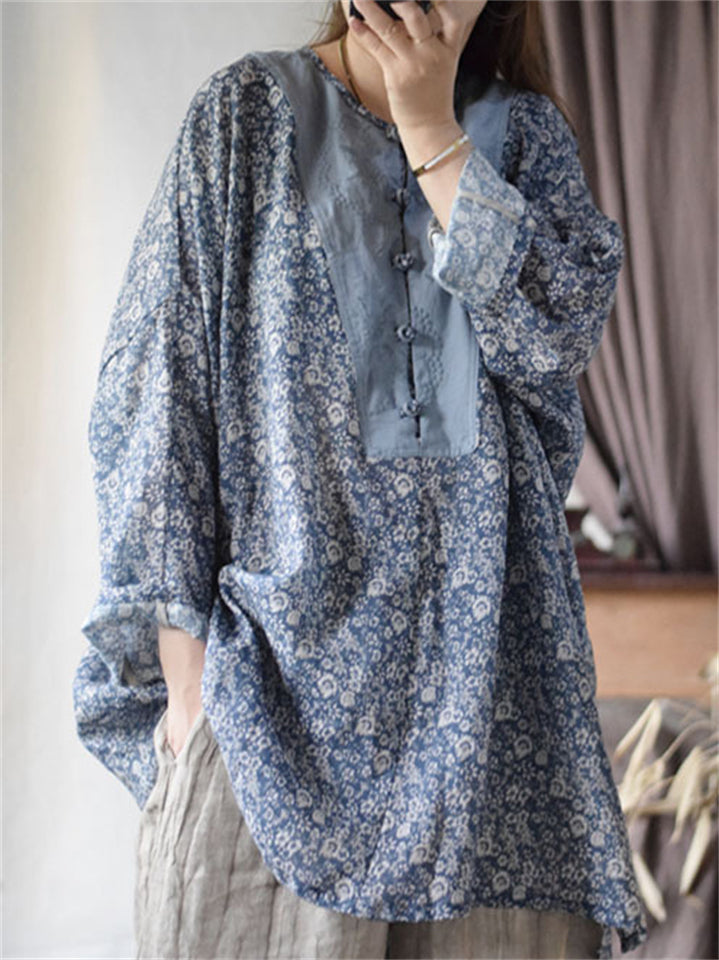 Women's Vintage O-Neck Loose Ramine Blue Patchwork Long Sleeve Shirts