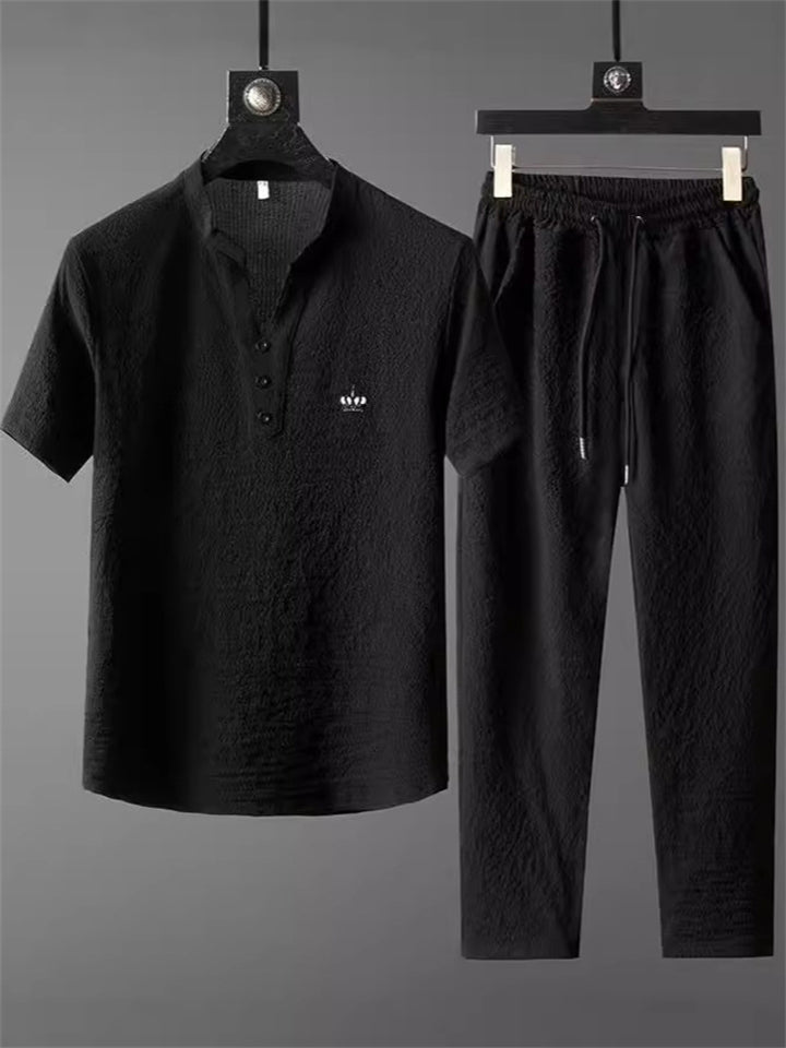 Men's 2Pcs Crown Embroidered V Neck Short Sleeve Solid Color Outfits