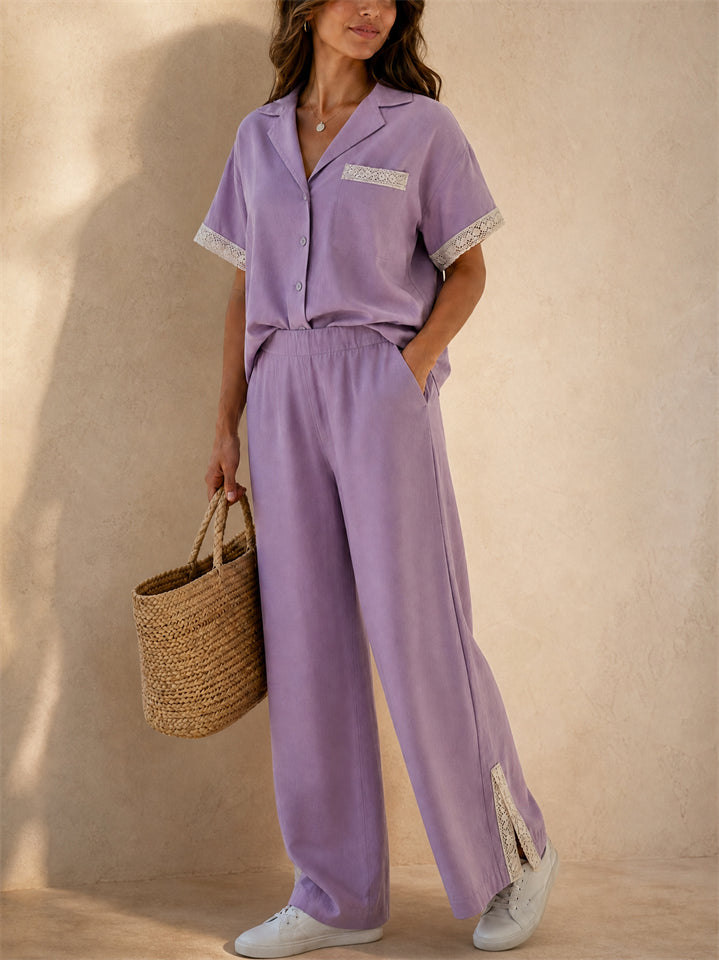 Women Lace Trim 2 Piece Button Down Shirt Wide Leg Pants Set