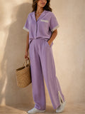 Women Lace Trim 2 Piece Button Down Shirt Wide Leg Pants Set