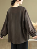 Women's Retro Coffee Solid Color Loose Round Neck Shirts