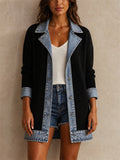 Womens Denim Patchwork Ribbed Knit Long Sleeve Casual Jacket