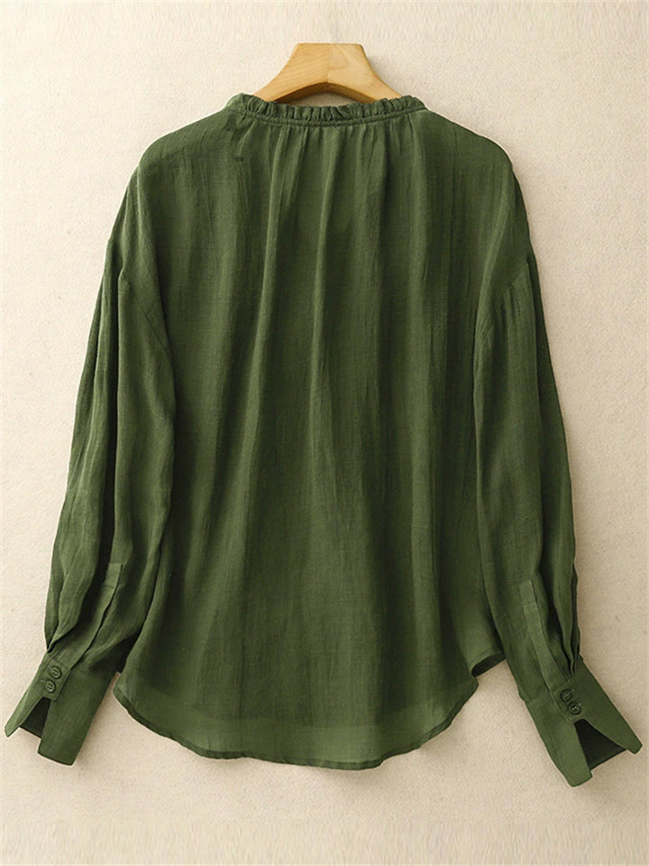 Women's French Style Green  Button Up V Neck Long Sleeve Shirt