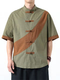 Men's Chinese Style Color Block Cotton Linen Short Sleeve Tang Suit Shirts