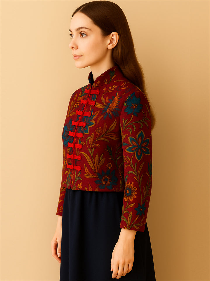 Women's Retro Autumn Ethnic Style Printed Stand Collar Jackets