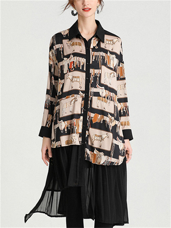 Fashion Animal Print Lapel Pleated Hem Patchwork Shirt for Women