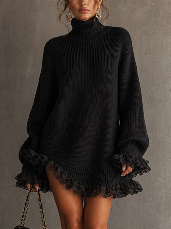 Women Oversized Turtleneck Sweater Dress with Lace Trim