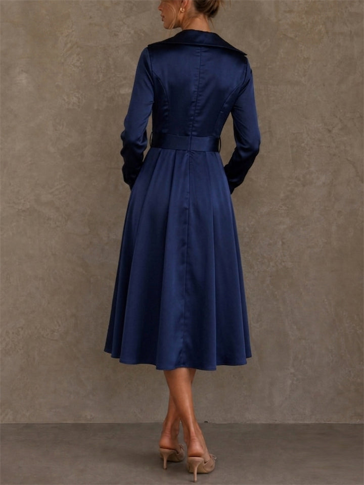 Women Elegant Satin Wrap V Neck High Waisted A Line Midi Dress