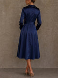 Women Elegant Satin Wrap V Neck High Waisted A Line Midi Dress