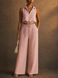 Women 2 Piece Sleeveless Polo and Geometric Wide Leg Pants Set