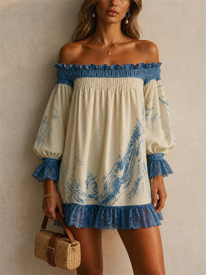 Women Boho Blue Print Lace Trim Off Shoulder Mini Dress