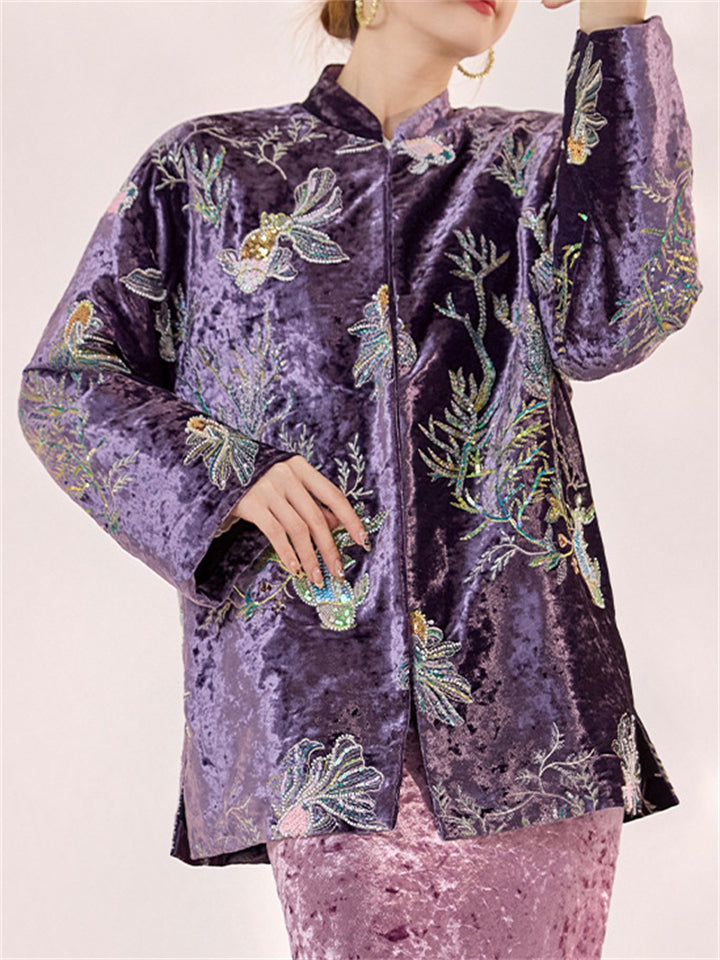 Women's Purple Round Neck Embroidered Sequin Cotton-padded Jacket