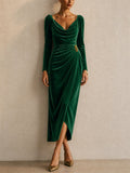 Women Elegant Velvet Cowl Neck Long Sleeve Ruched Midi Dress