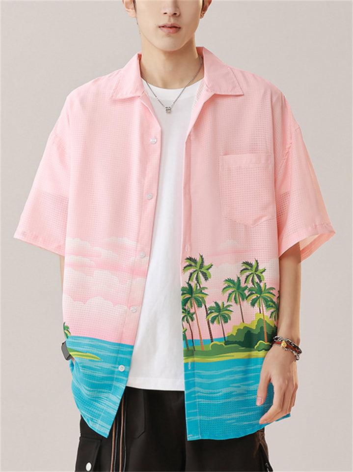 Men's Holiday Style Coconut Tree Print Short Sleeve Beach Shirt