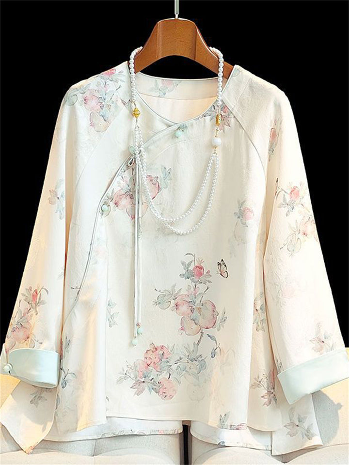 Chinese Vintage Women's O-Neck 3/4 Sleeve Floral Print Shirts