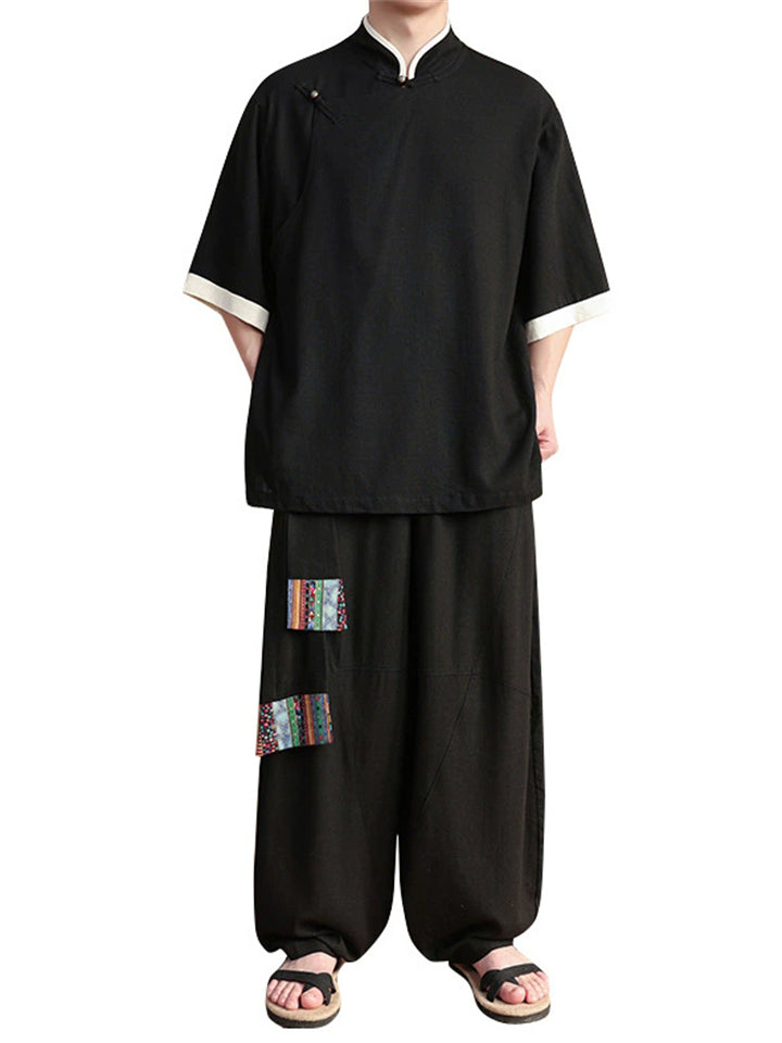 Ethnic Style Slant Opening Plate Buttons Linen Tops and Wide Leg Pants Set for Men