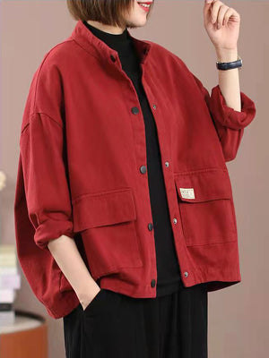 Ladies Simple Stand Collar Pocket Button Up Jacket