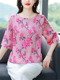 Female Elegant Summer Floral Print O-Neck Half Sleeve Shirt