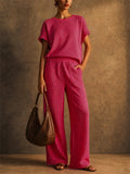 Womens Striped 2 Piece Matching Short Sleeve Wide Leg Pants Set