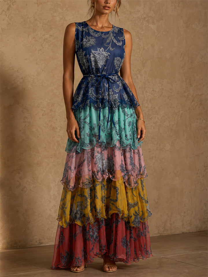 Women Boho Sleeveless Floral Multi Color Tiered Maxi Dress
