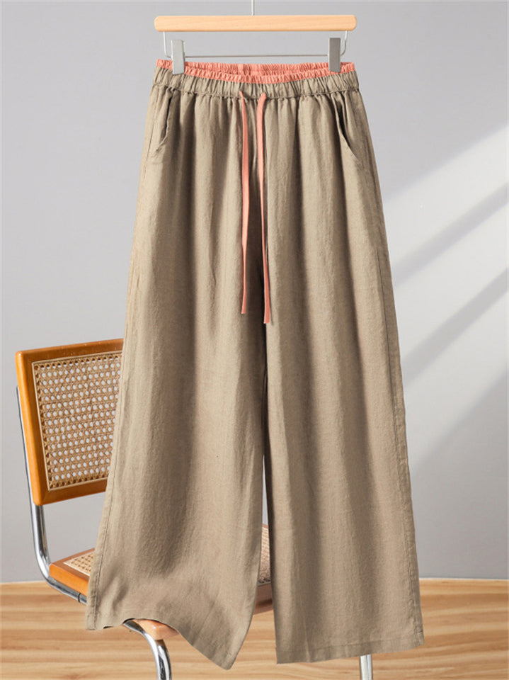Women's Summer Contrast Color Cotton Linen Wide Leg Pants