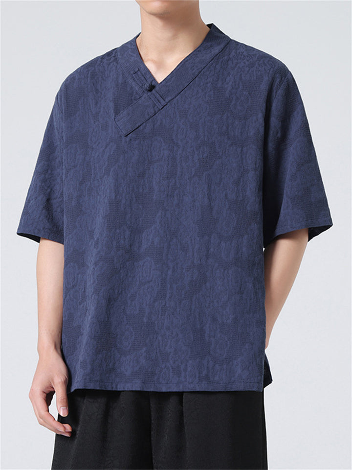 Men's Summer V Neck Short Sleeve Regular Fit Linen Shirt