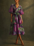 Womens Watercolor Floral Pleated Puff Sleeve Midi Dress