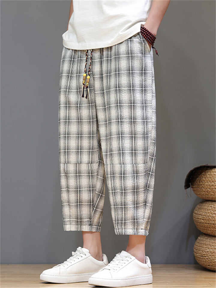Men's Casual Drawstring Wide Leg Plaid Capri Pants