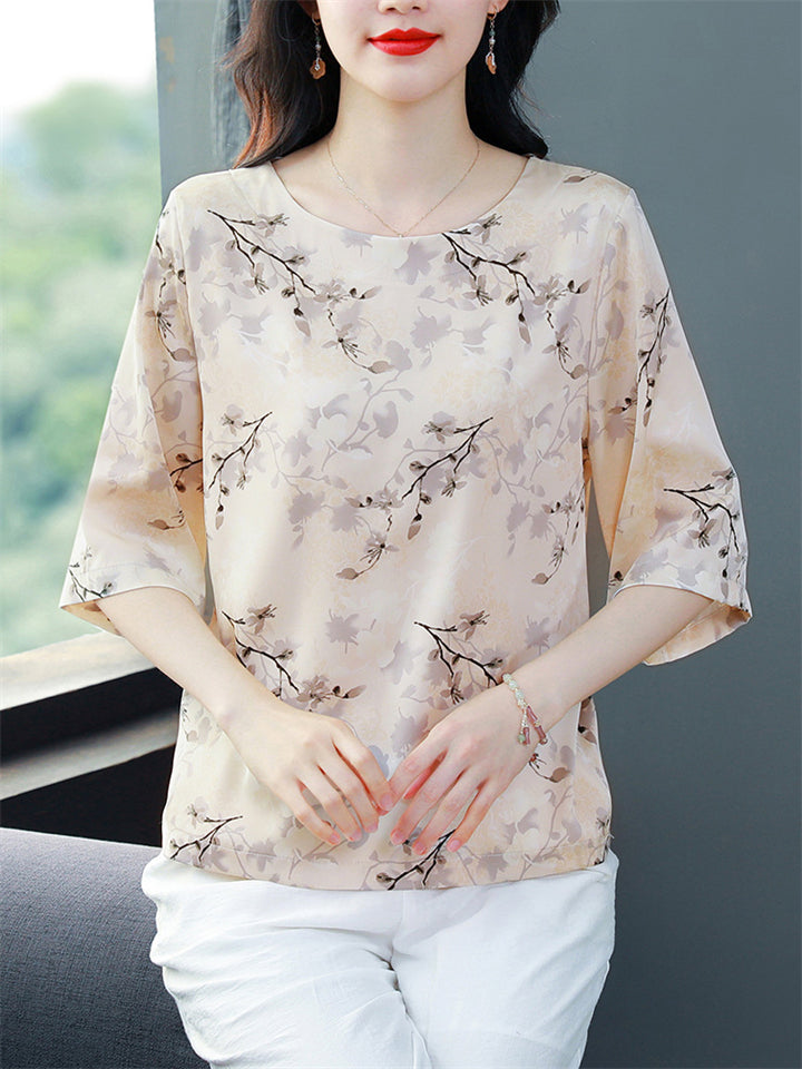 Comfy Elegant Summer Light Colored Flower Print Half Sleeve Shirt For Women