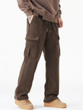 Winter Warm Fleece Lined Cargo Pocket Drawstring Men Casual Pants