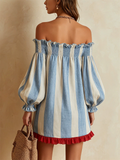 Women Blue Striped Off Shoulder Lantern Sleeve Ruffle Dress