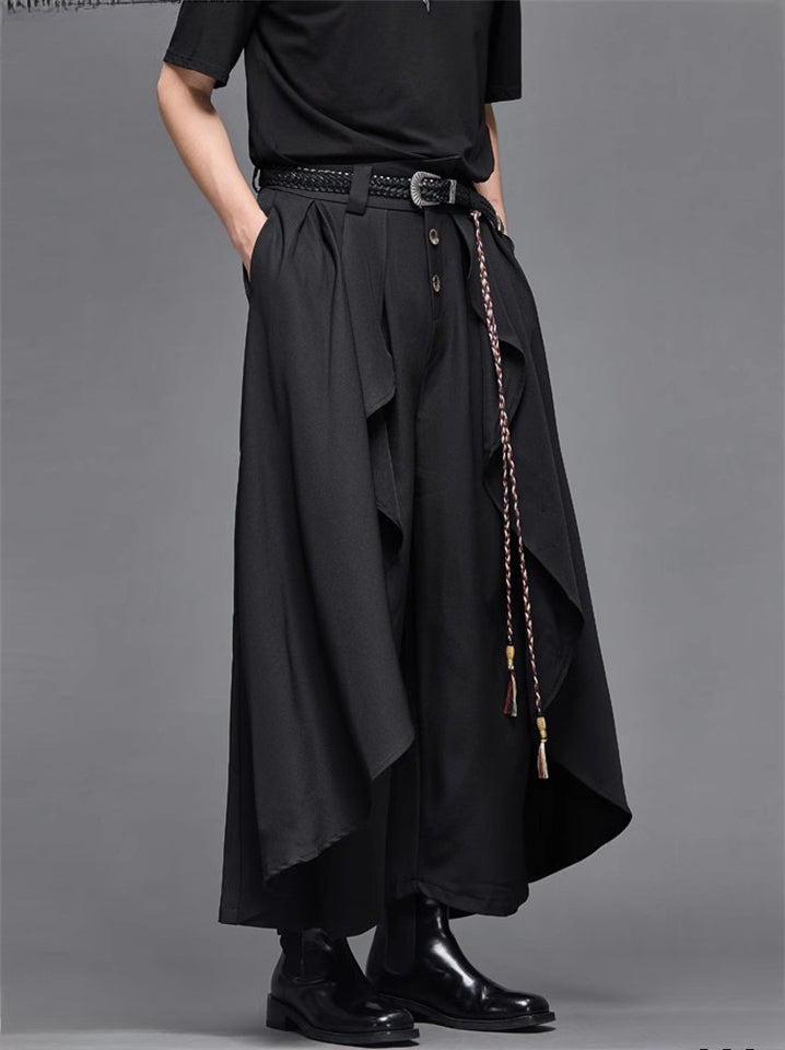Retro Japanese Style Casual Patchwork Wide Leg Cropped Pants for Men