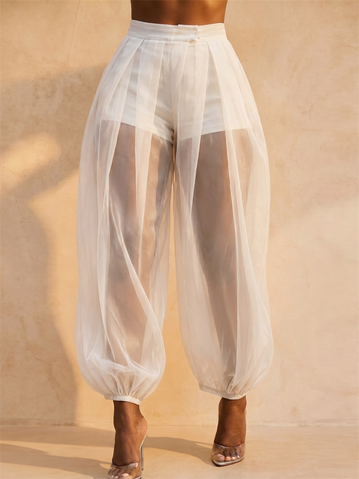 Women High Waist Sheer Mesh Lantern Pants Pleated with Shorts