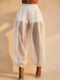Women High Waist Sheer Mesh Lantern Pants Pleated with Shorts