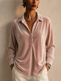Womens Velvet Collared Long Sleeve Relaxed Blouse