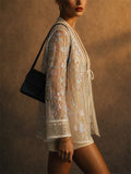 Women Floral Sequin Beads Trim Sheer Mesh Tie Front Cardigan Jacket