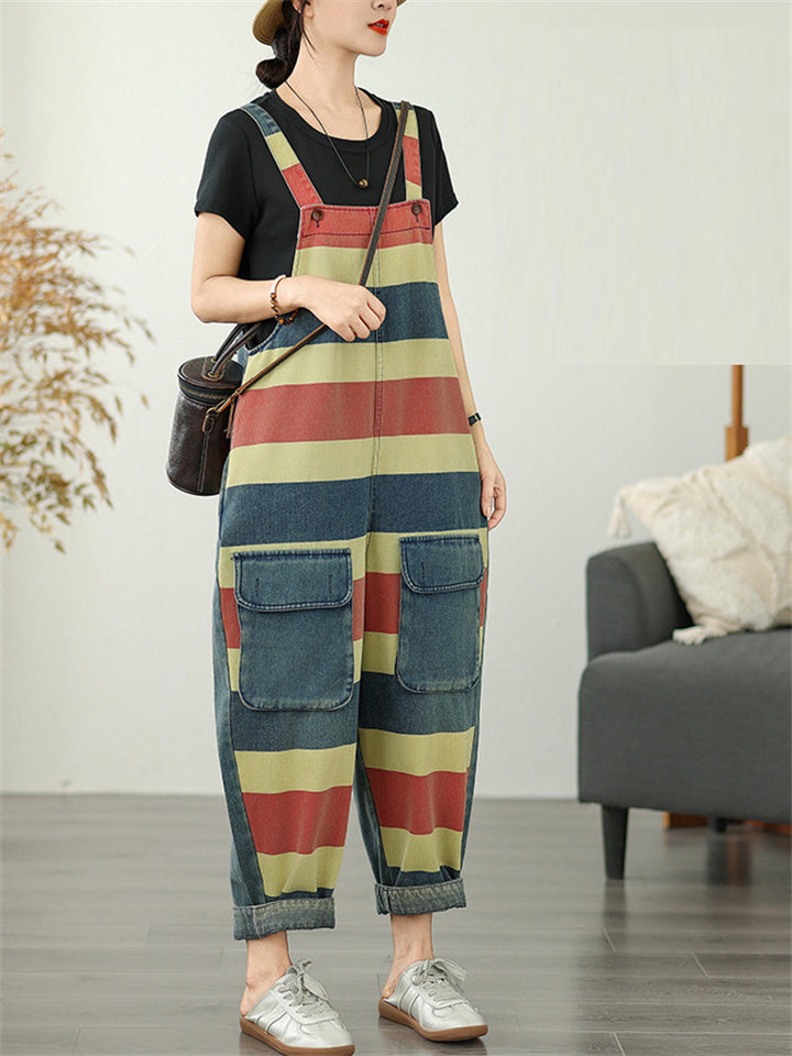 Women's Contrast Color Overall Denim Cropped Jumpsuits