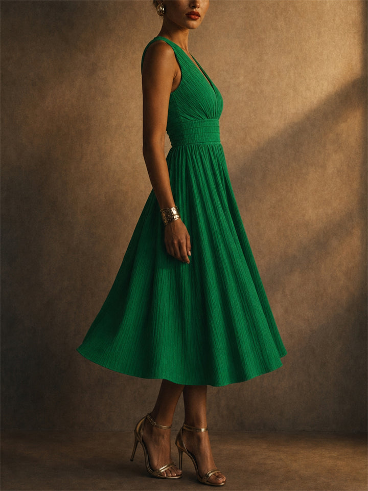 Women V Neck Sleeveless Smocked Waist Midi Dress