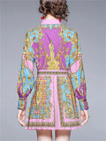 Women's 2Pcs Elegant Floral Print Lapel Shirt & Pleated Skirt Set