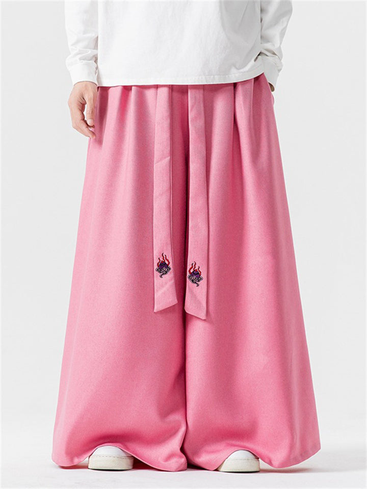 Male Ultra-loose Wide-leg Pants with Flame Pattern Strap