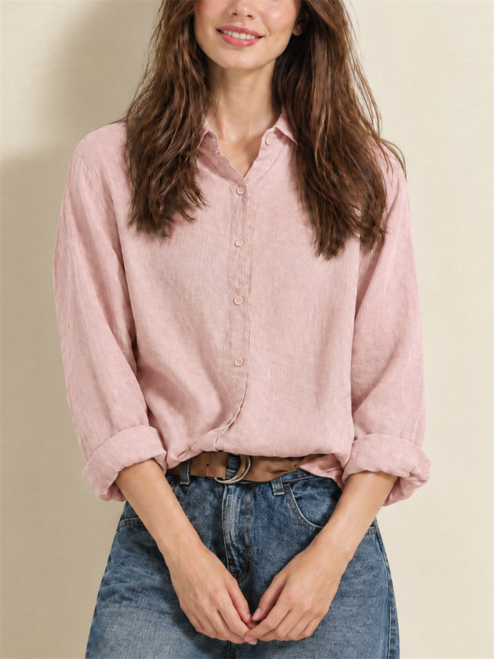 Women Casual Cotton Linen Button Down Long Sleeve Collared Shirt