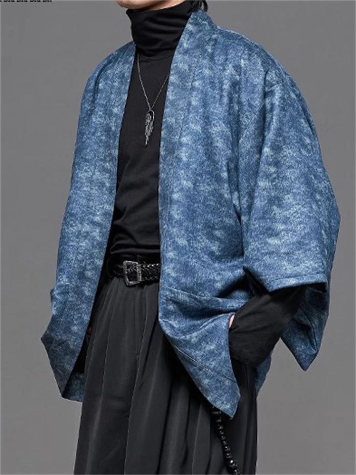 Retro Blue Zen Style Print Faux Suede 3/4 Sleeve Cardigan for Men