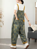 Women's Contrast Color Print Pockets Overall Denim Jumpsuits