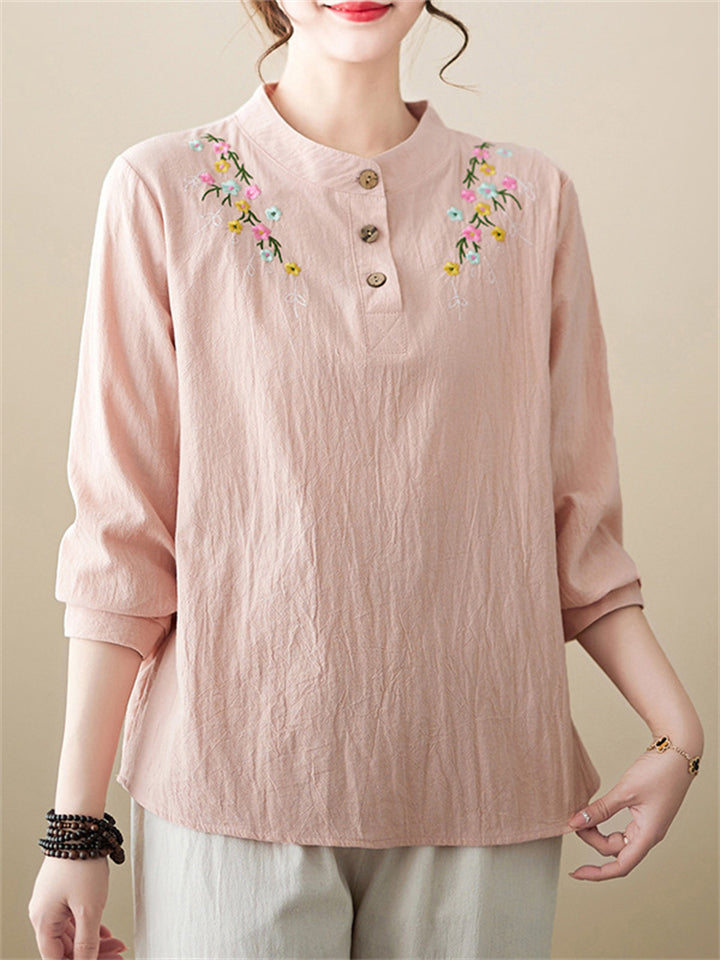 Women's Cute Flowers Embroidery Cotton Linen Long Sleeve Shirt