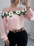 Women's Pink Mesh Patchwork Embroidered Long Sleeve Shirts