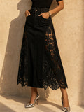 Women High Waist Floral Lace Hollow Out Denim Maxi Skirt