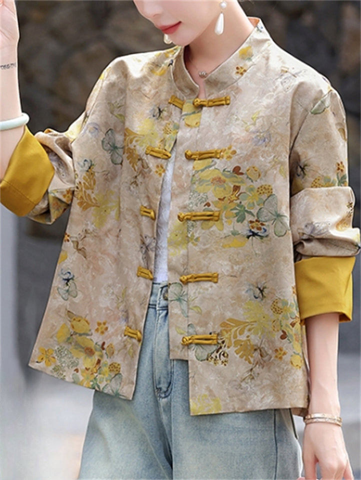 Women's Stand Collar Contrast Color Flowers Print Tang Suit Jacket